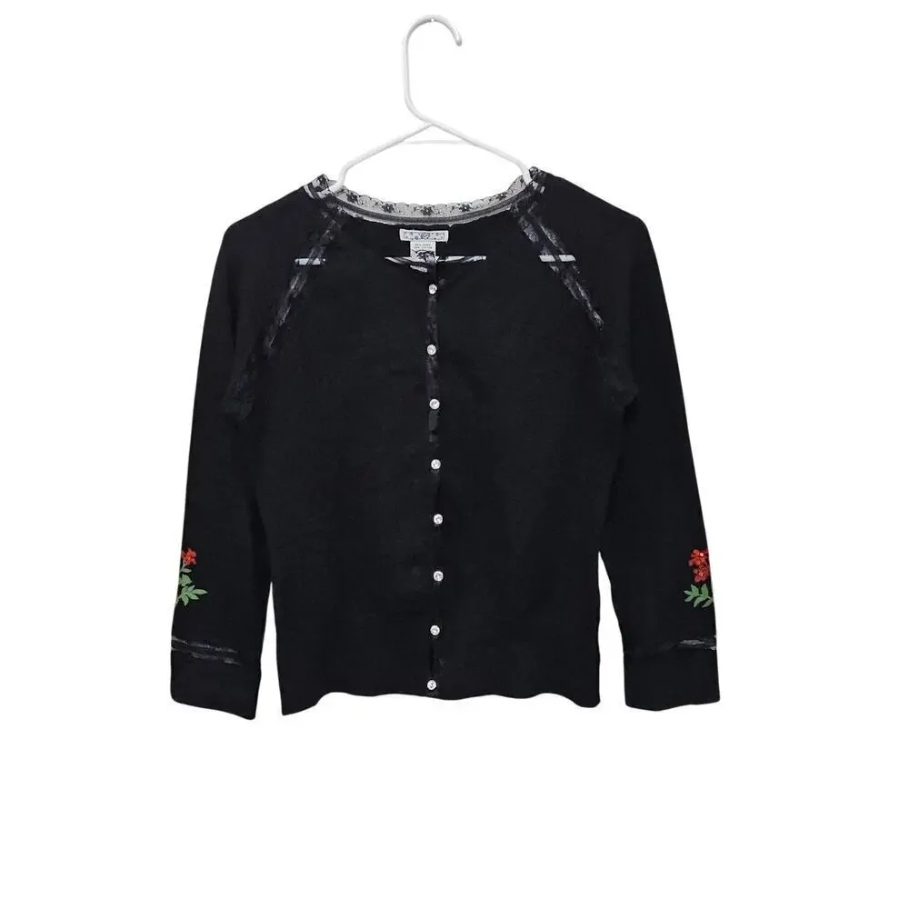 Black Floral Cardigan Sweater Lace Trim Beaded Diamond Buttons 3/4 Sleeves Sz M - Picture 2 of 6
